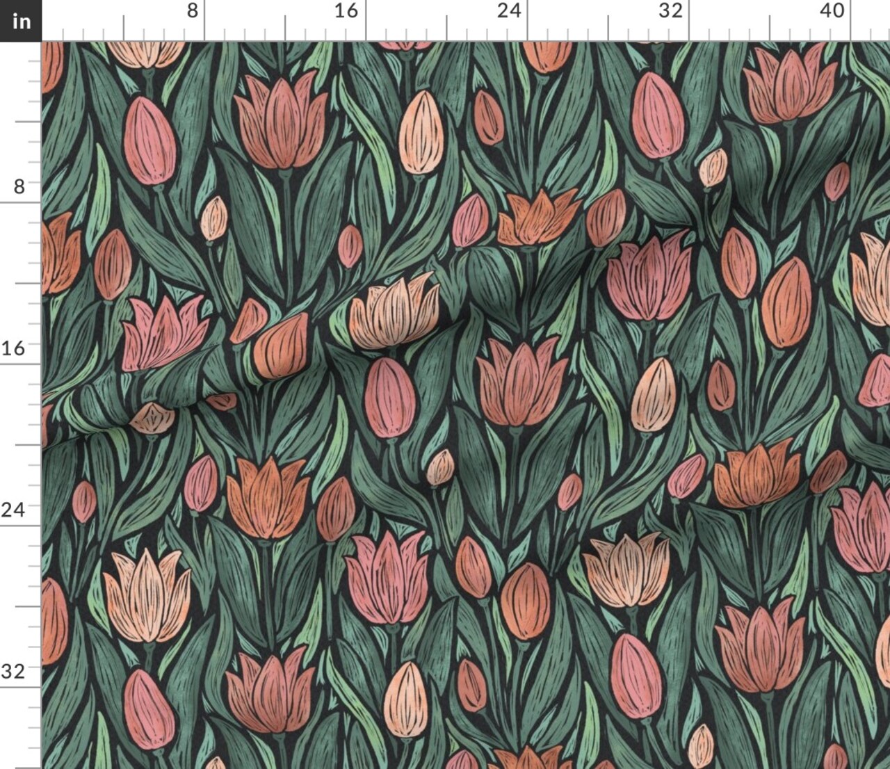 Block Print Tulips Moody Botanical Farmhouse Flowers Cottagecore Floral Black Green Pink Custom Printed Fabric by Spoonflower Various Fabrics by the Yard or Fat Quarter